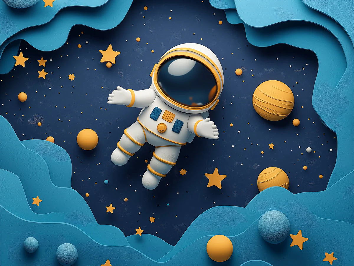 Astronaut in Space Mural Wallpaper in Child's Room Blue, Orange, and Yellow Astronaut -1 Mural Wallpaper - room preview 02