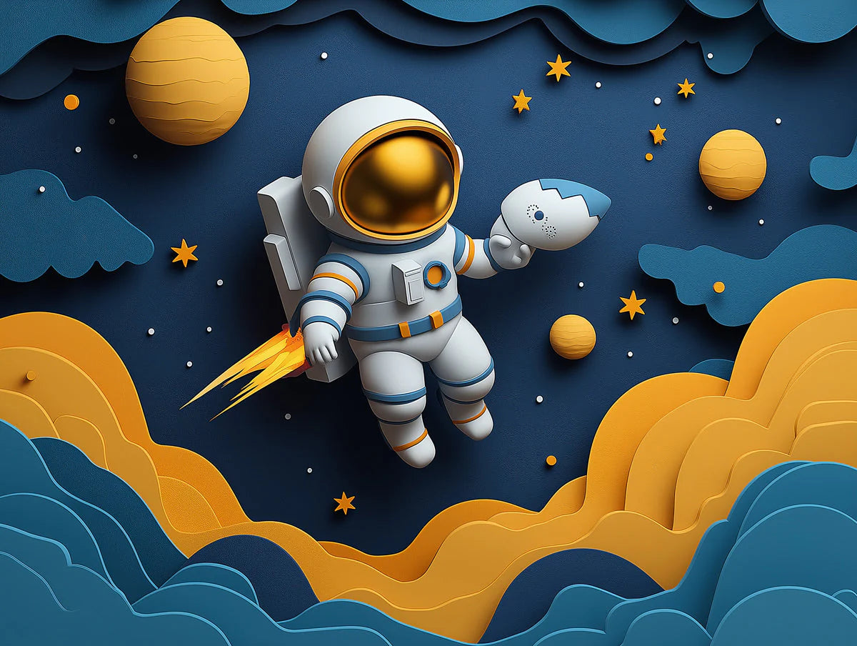 Astronaut in Space Mural Wallpaper in Child's Room Blue, Orange, and Yellow Astronaut -2 Mural Wallpaper - room preview 02