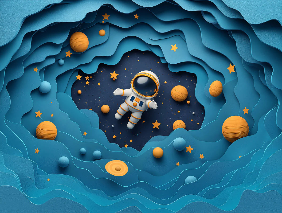 Astronaut in Space Mural Wallpaper in Child's Room Blue, Orange, and Yellow Astronaut -3 Mural Wallpaper - room preview 02