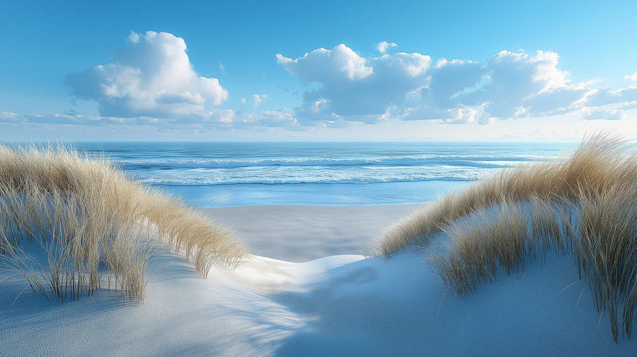 Coastal Wallpaper Mural – Seaside Wall Mural for living room – Beach Scene in Living Room Blue, White, and Beige Beach and Sky printable artwork