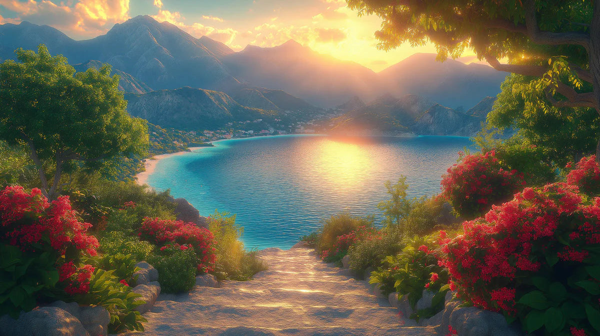 Mountain and Lake Sunset Mural Wallpaper in Living Room Green, Blue, Red, and Yellow Mountain and Lake Mural Wallpaper - room preview 02