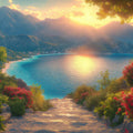 Mountain and Lake Sunset Mural Wallpaper in Living Room Green, Blue, Red, and Yellow Mountain and Lake Mural Wallpaper - room preview 02