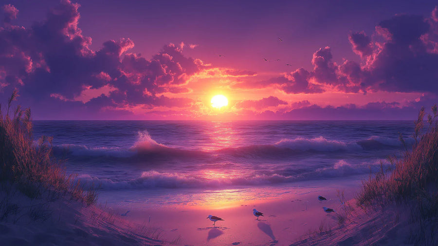 Papier peint mural coucher de soleil radieux - Ciel violet et océan flamboyant dans un salon ou un lounge. printable artwork