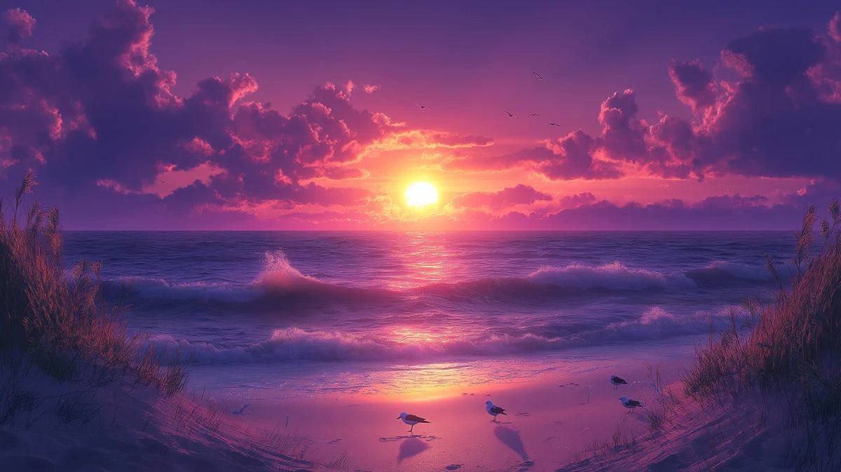 Sunset Radiance Mural Wallpaper Purple Sky & Fiery Ocean Glow in Living Room or a Lounge Mural Wallpaper - room preview 02