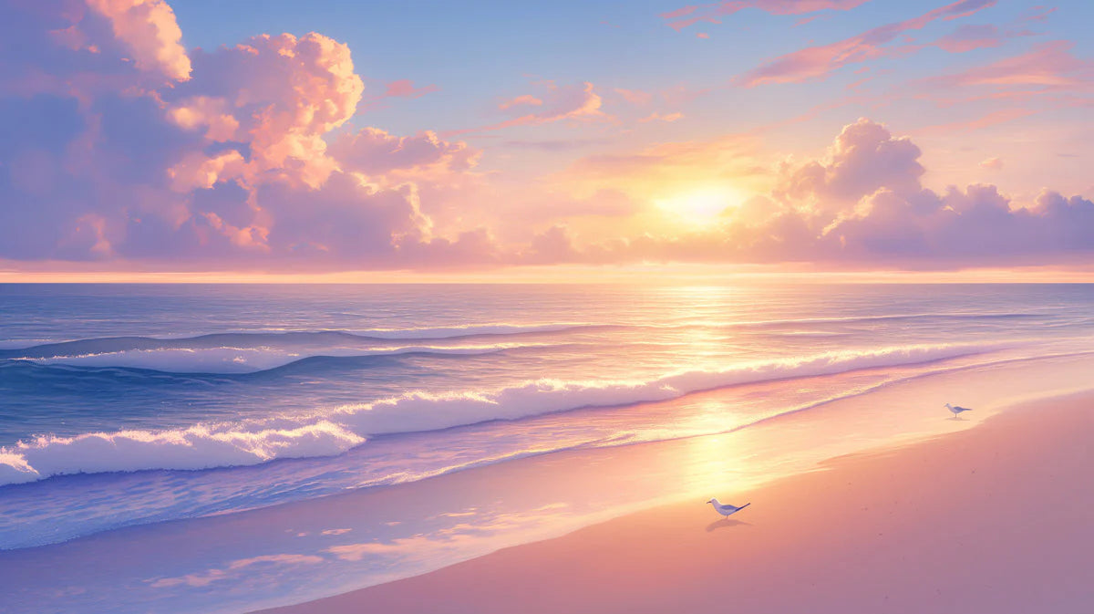 Tranquil Morning Shore Mural Wallpaper Soft Sunrise & Pastel Beach Mural Wallpaper - room preview 02