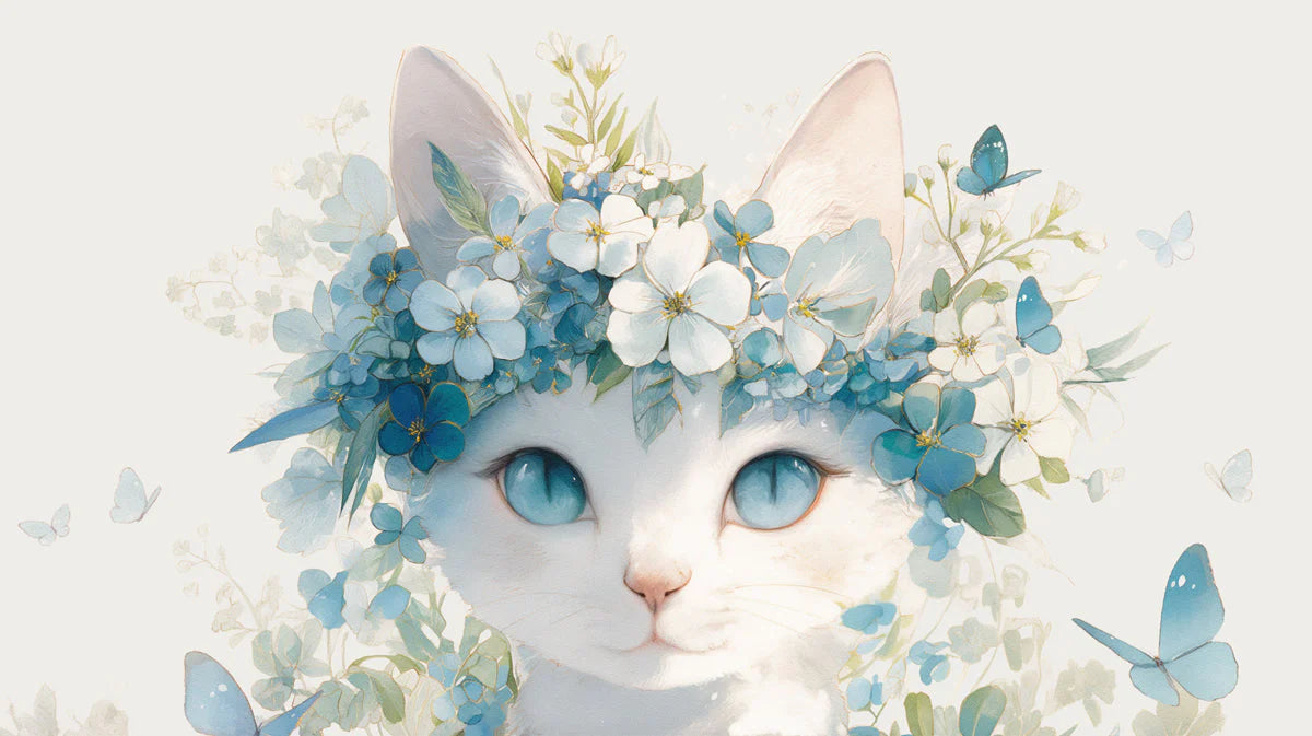 White Cat with Floral Crown Mural Wallpaper in Bedroom White, Blue, and Green Cat Mural Wallpaper - room preview 02