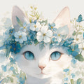 White Cat with Floral Crown Mural Wallpaper in Bedroom White, Blue, and Green Cat Mural Wallpaper - room preview 02