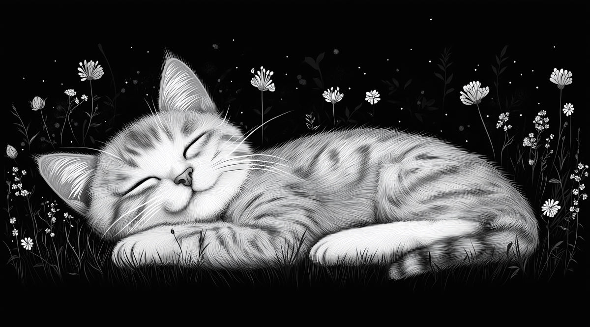 Sleeping Cat Mural Wallpaper in Bedroom Black, White, and Gray Cat Mural Wallpaper - room preview 02