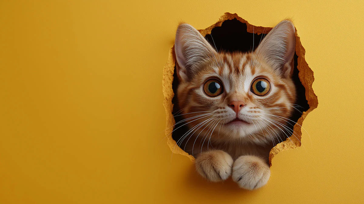 3D Cat Hole Mural Wallpaper in Living Room Orange, Yellow, and Gray Cat Mural Wallpaper - room preview 02