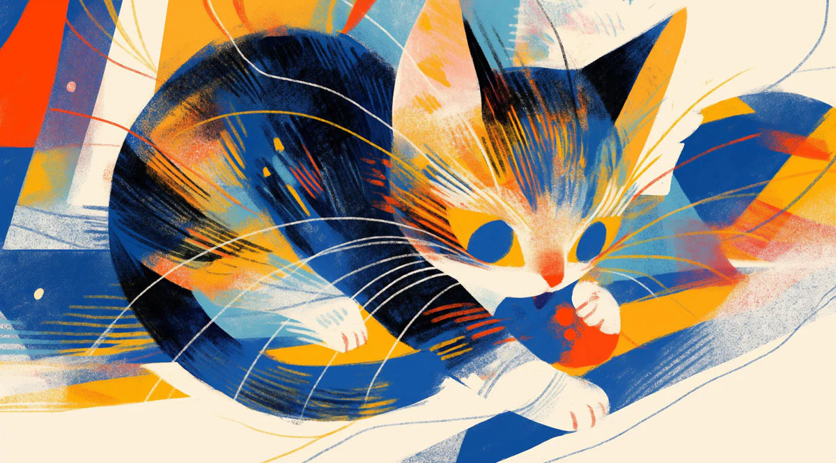 Abstract Cat Mural Wallpaper in Playroom Blue, Orange, Yellow, and Black Cat Mural Wallpaper - room preview 02