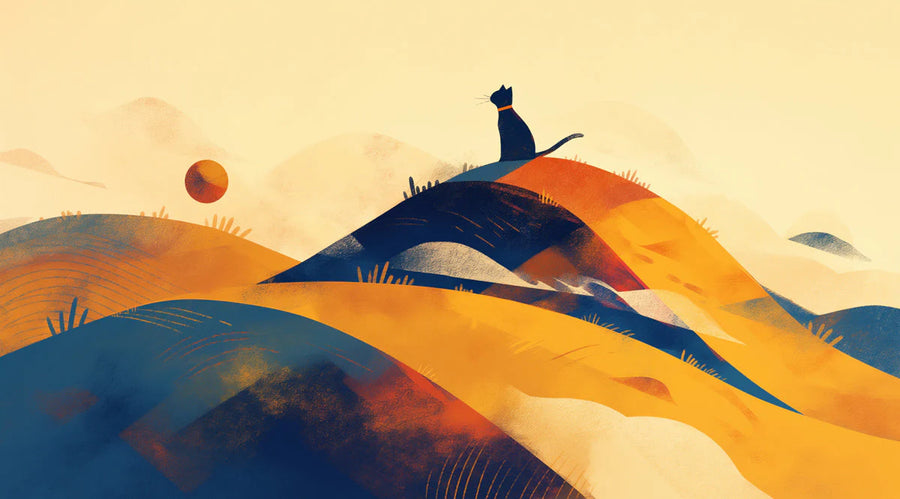 Katze auf Hügel Wandbild Tapete im Wohnzimmer Gelb, Orange, Blau und Schwarz Katze Wandbild Tapete printable artwork