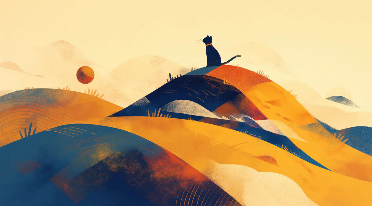 Cat on Hill Mural Wallpaper in Living Room Yellow, Orange, Blue, and Black Cat Mural Wallpaper - room preview 02