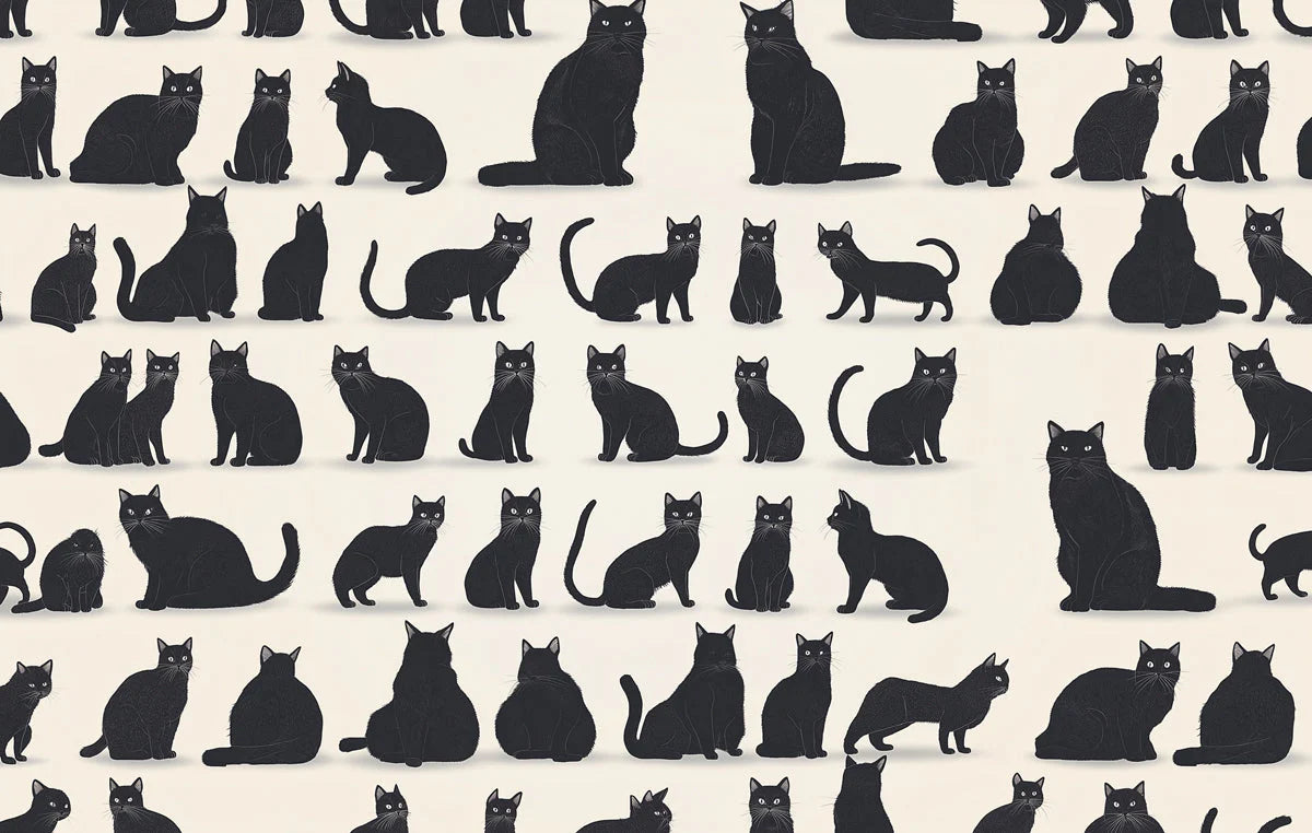 Black Cats Pattern Mural Wallpaper in Living Room Black, White, and Gold Cats Mural Wallpaper - room preview 02