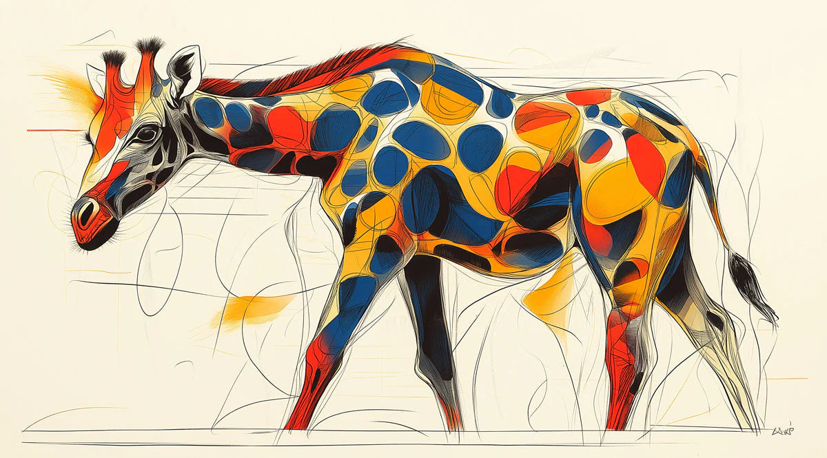 Abstract Giraffe Mural Wallpaper in Living Room Orange, Blue, Yellow, and Red Giraffe Mural Wallpaper - room preview 02