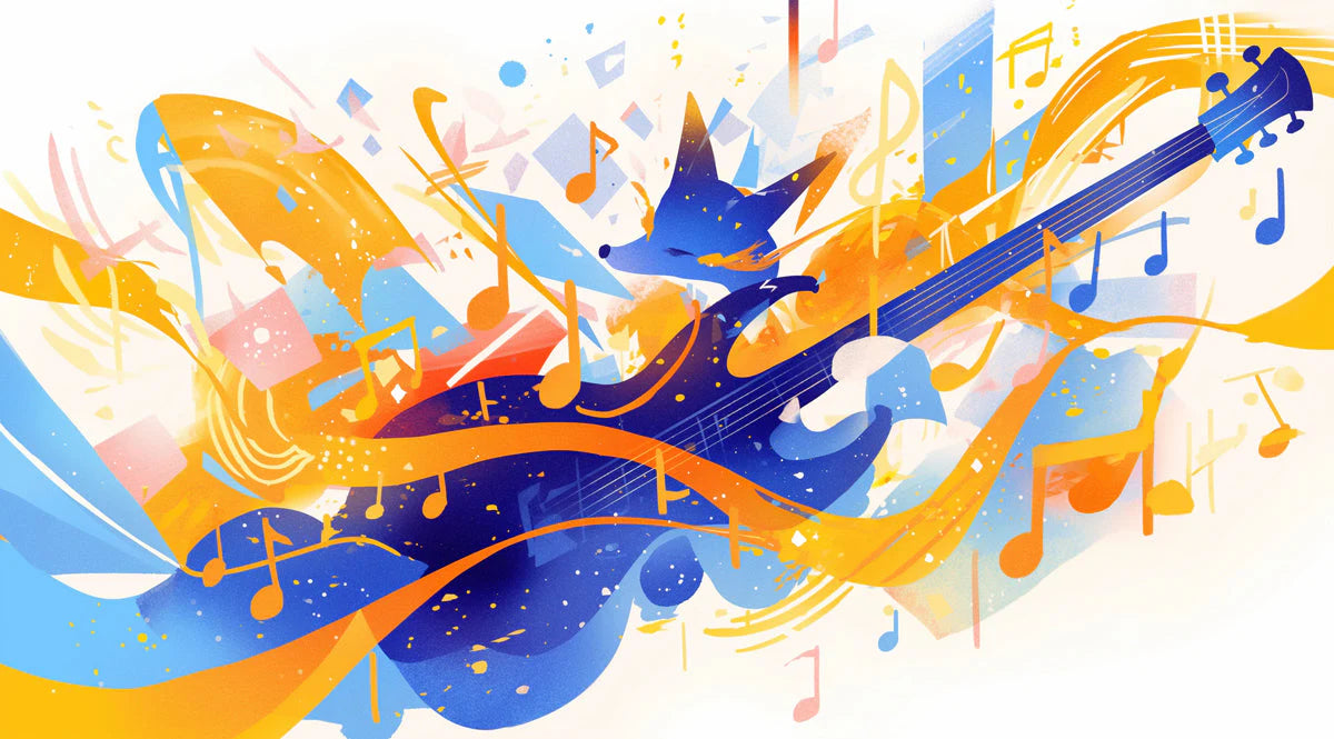 Music and Fox Mural Wallpaper in Living Room Blue, Orange, and Yellow Fox Mural Wallpaper - room preview 02