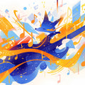 Music and Fox Mural Wallpaper in Living Room Blue, Orange, and Yellow Fox Mural Wallpaper - room preview 02