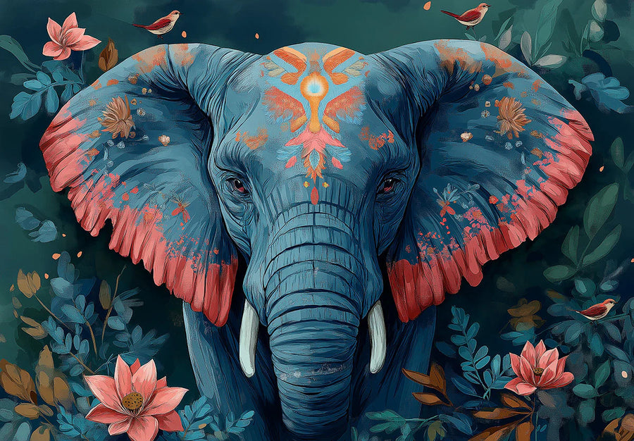 Safari Wallpaper Mural – Wild Animals Wall Mural for living room – Elephant Head in Living Room Blue, Orange, and Various Earth Tones with Elephant printable artwork