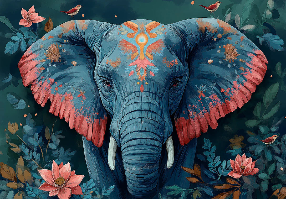 Elephant Head Mural Wallpaper in Living Room Blue, Orange, and Various Earth Tones with Elephant Mural Wallpaper - room preview 02