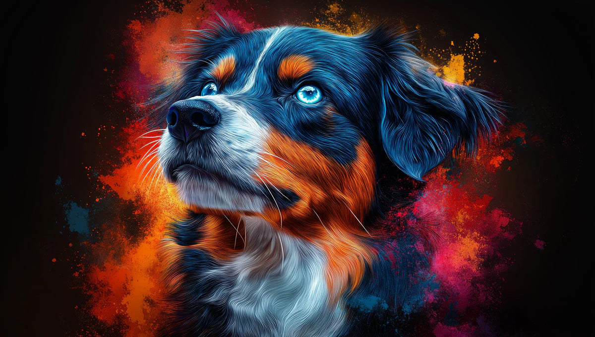 Dog Portrait Mural Wallpaper in Living Room Blue, Orange, Red, and Black Dog Mural Wallpaper - room preview 02