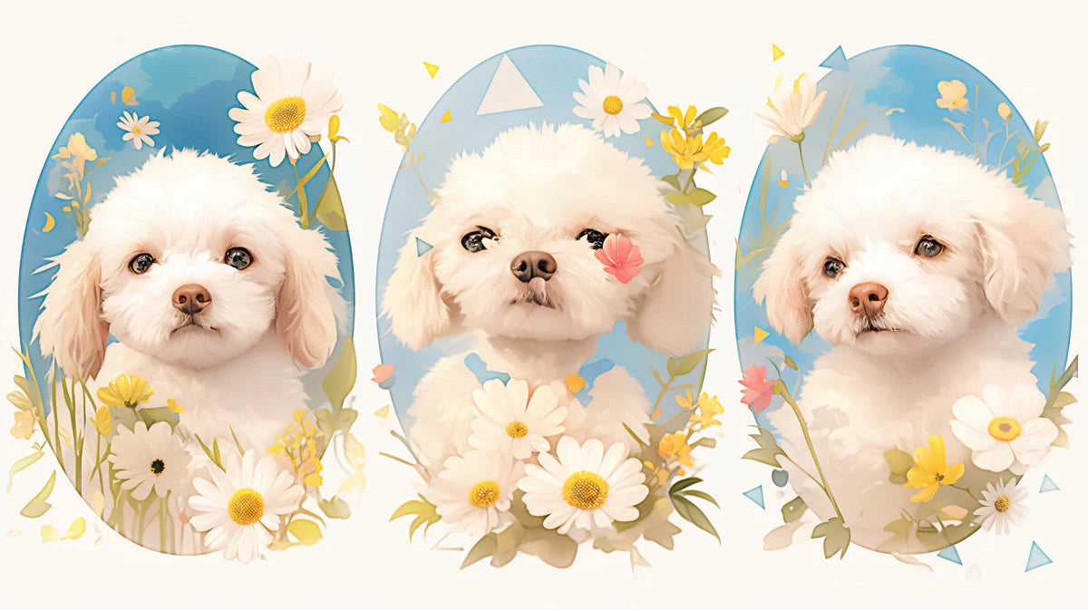 Puppy and Flower Mural Wallpaper in Bedroom White, Blue, Yellow, and Pink Puppy Mural Wallpaper - room preview 02
