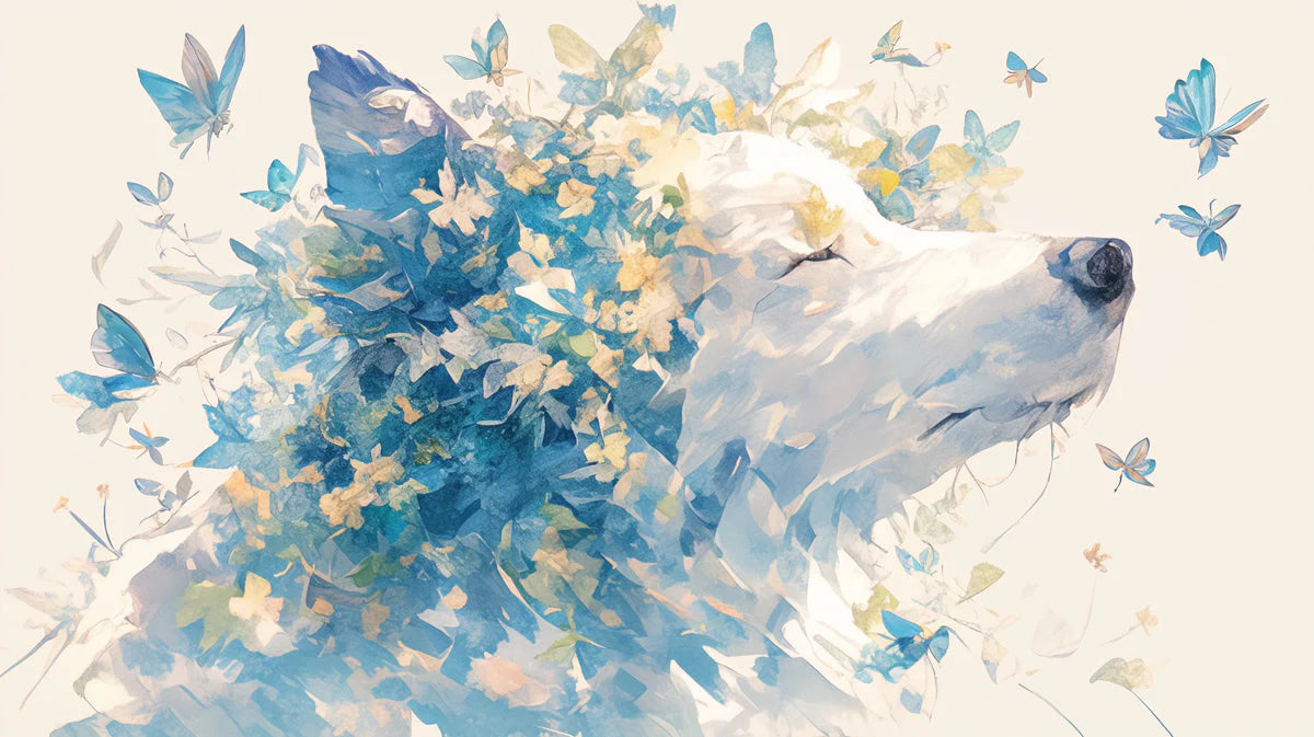 Wolf and Butterfly Mural Wallpaper in Living Room Blue, White, and Yellow Wolf Mural Wallpaper - room preview 02