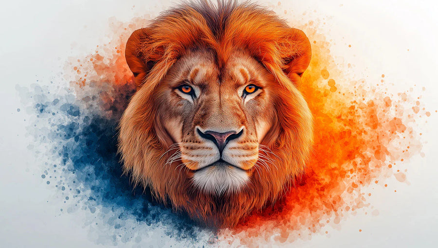 Safari Wallpaper Mural – Wild Animals Wall Mural for living room – Lion Head in Living Room Orange, Blue, and Various Earth Tones of Lion printable artwork