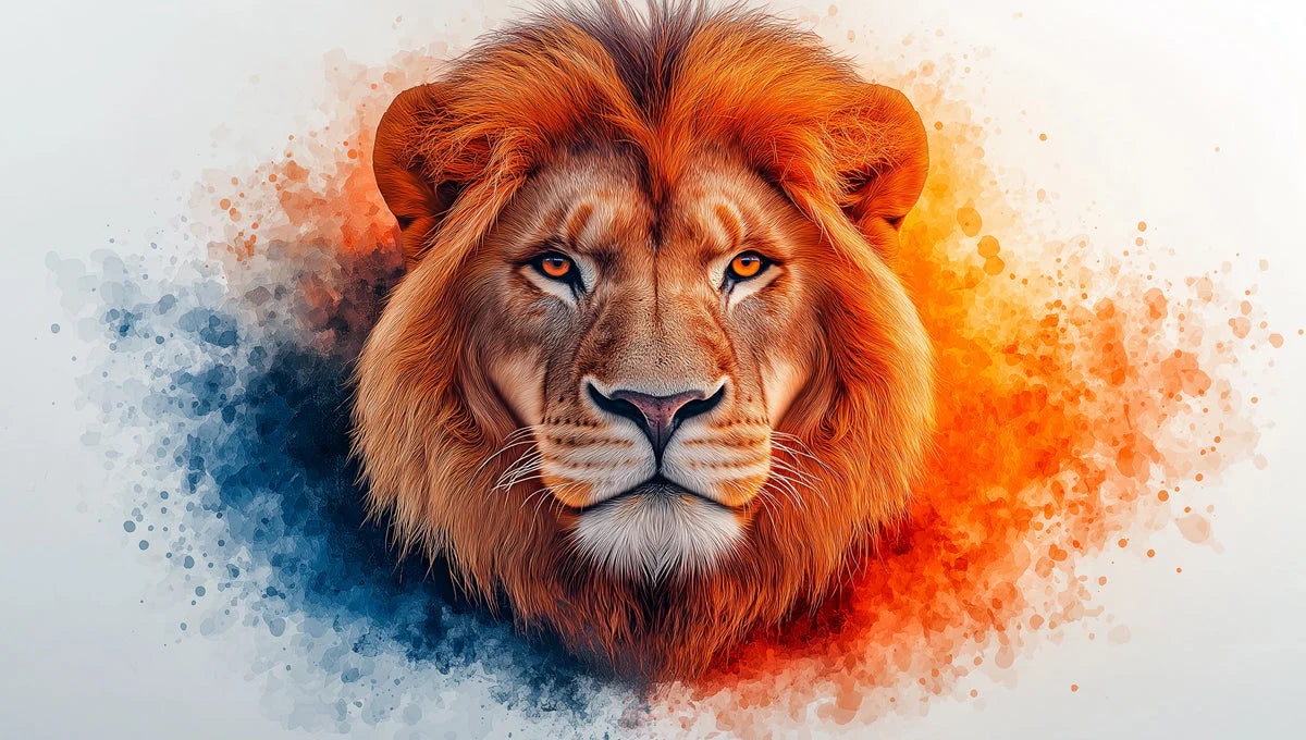 Lion Head Mural Wallpaper in Living Room Orange, Blue, and Various Earth Tones of Lion Mural Wallpaper - room preview 02