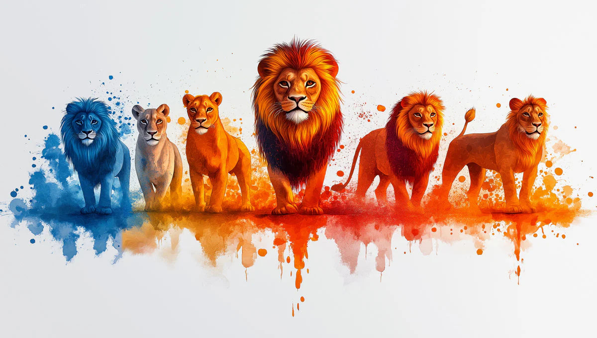 Lion Groups Mural Wallpaper in Living Room Orange, Blue, and Various Earth Tones of Lion Mural Wallpaper - room preview 02