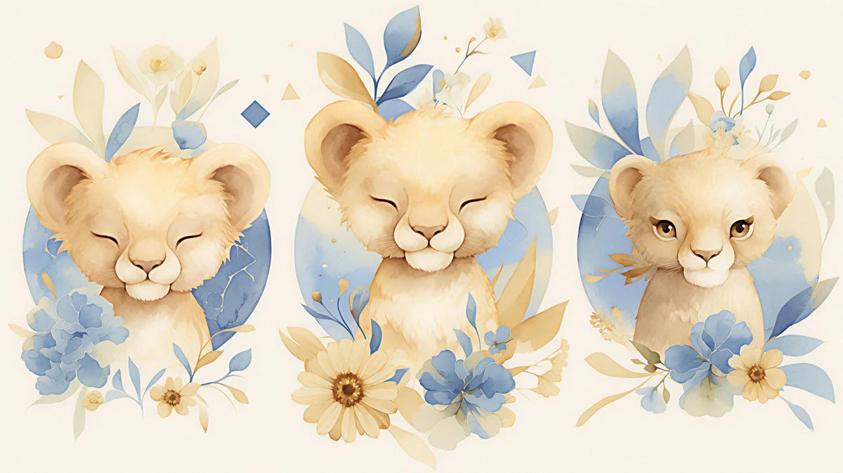 Lion Cubs Mural Wallpaper in Nursery Beige, Blue, and Yellow Lion Cubs Mural Wallpaper - room preview 02
