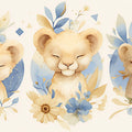 Lion Cubs Mural Wallpaper in Nursery Beige, Blue, and Yellow Lion Cubs Mural Wallpaper - room preview 02