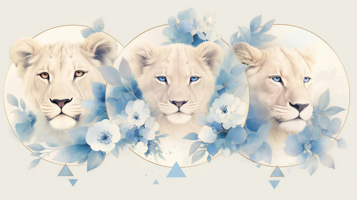 Lion Heads with Blue Flowers Mural Wallpaper in Living Room Beige, Blue, and White Lion Mural Wallpaper - room preview 02