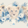 Lion Heads with Blue Flowers Mural Wallpaper in Living Room Beige, Blue, and White Lion Mural Wallpaper - room preview 02