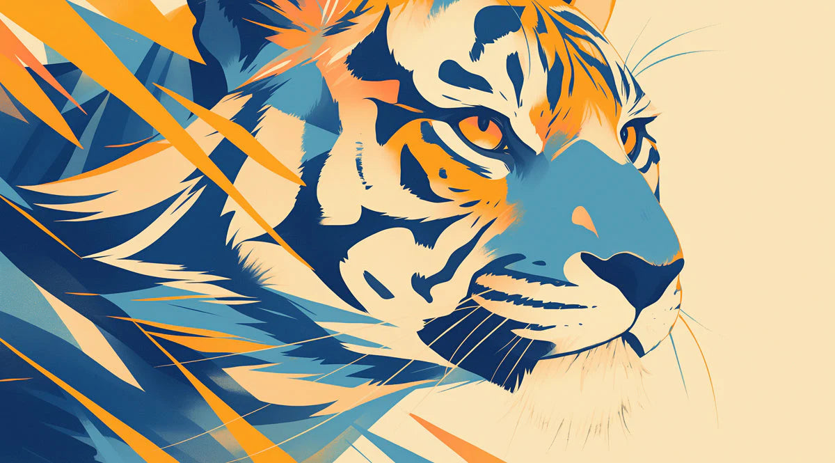 Abstract Tiger Mural Wallpaper in Living Room Orange, Blue, and Yellow Tiger Mural Wallpaper - room preview 02