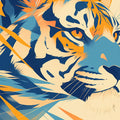 Abstract Tiger Mural Wallpaper in Living Room Orange, Blue, and Yellow Tiger Mural Wallpaper - room preview 02