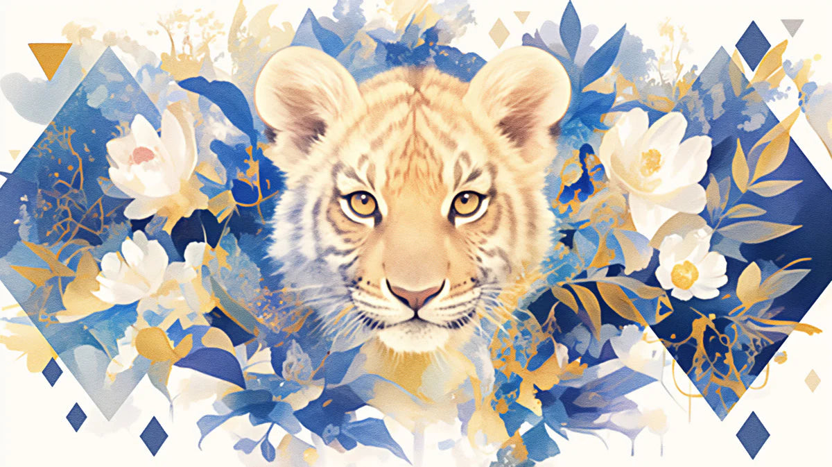 Abstract Tiger Mural Wallpaper in a home office Orange, Blue, and Yellow Tiger Mural Wallpaper - room preview 02