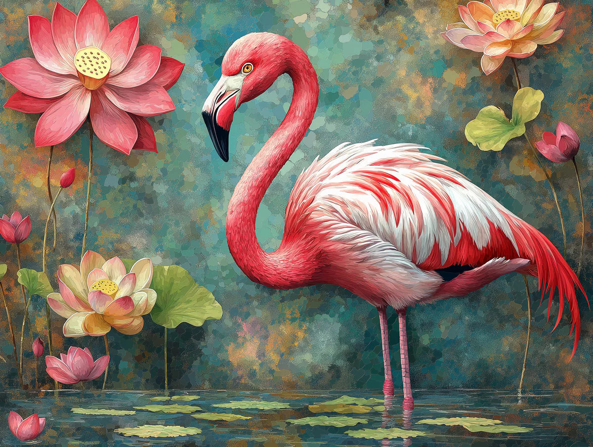 3D Flamingo Mural Wallpaper in Living Room Pink, Orange, Blue, and White Flamingo Mural Wallpaper - room preview 02