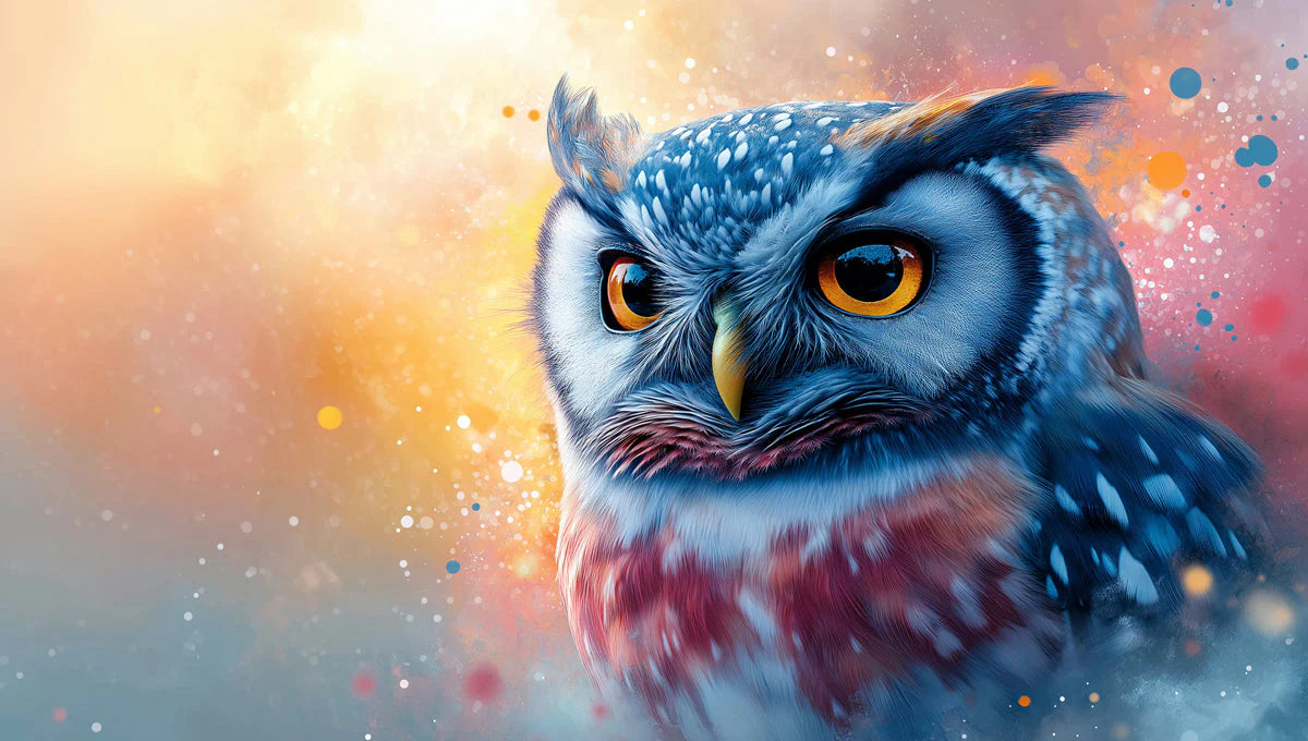Owl Mural Wallpaper in a study Brown, Blue, Orange, and Yellow Owl Mural Wallpaper - room preview 02