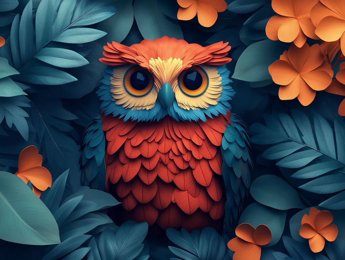 Owl Mural Wallpaper in Living Room Brown, Blue, Orange, and Yellow Owl Mural Wallpaper - room preview 02