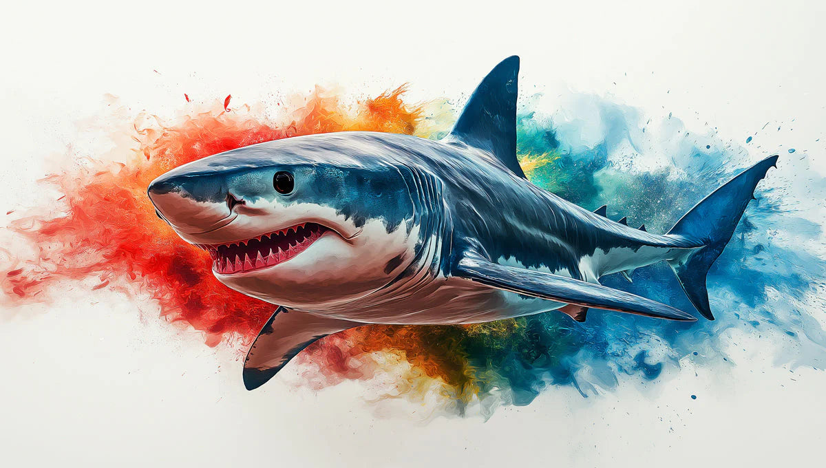 Shark Mural Wallpaper in Living Room Blue, Red, Orange, and Various Colors of Shark Mural Wallpaper - room preview 02