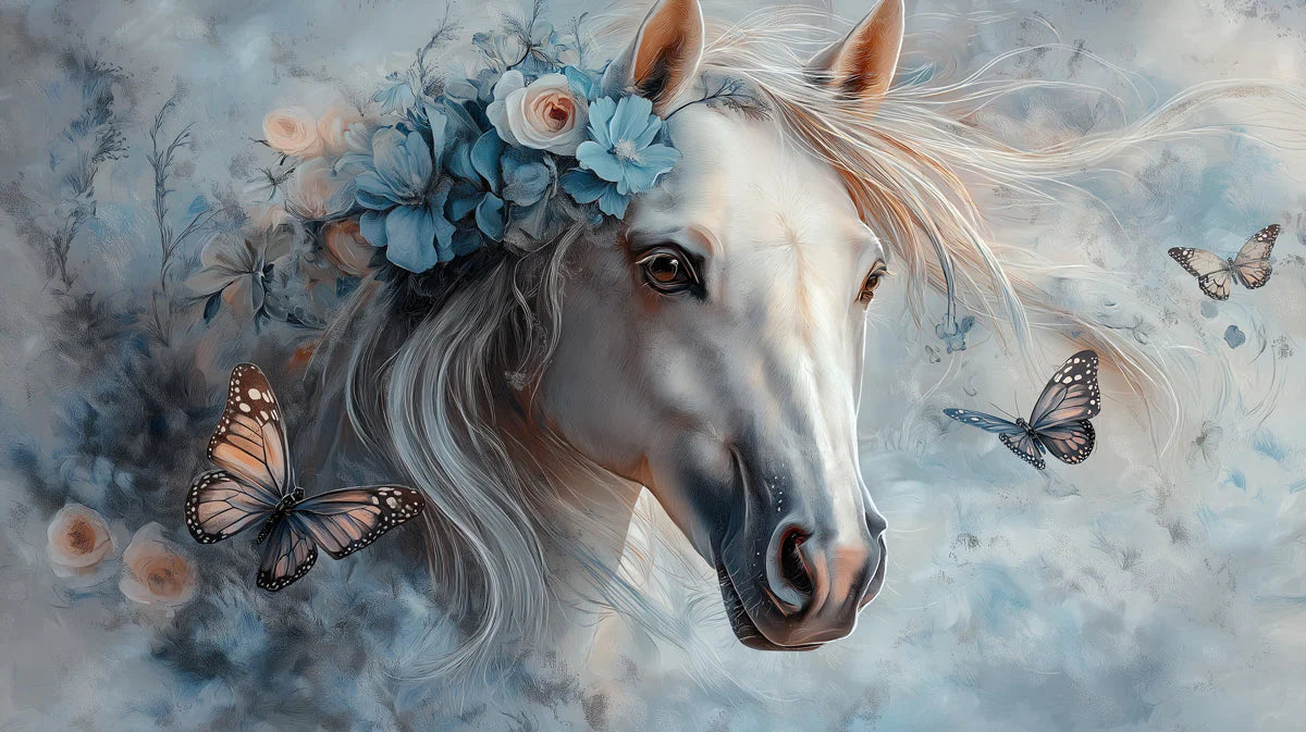Blue Horse with Flowers Mural Wallpaper in Living Room Blue, White, Pink, and Various Pastel Colors -1 Mural Wallpaper - room preview 02