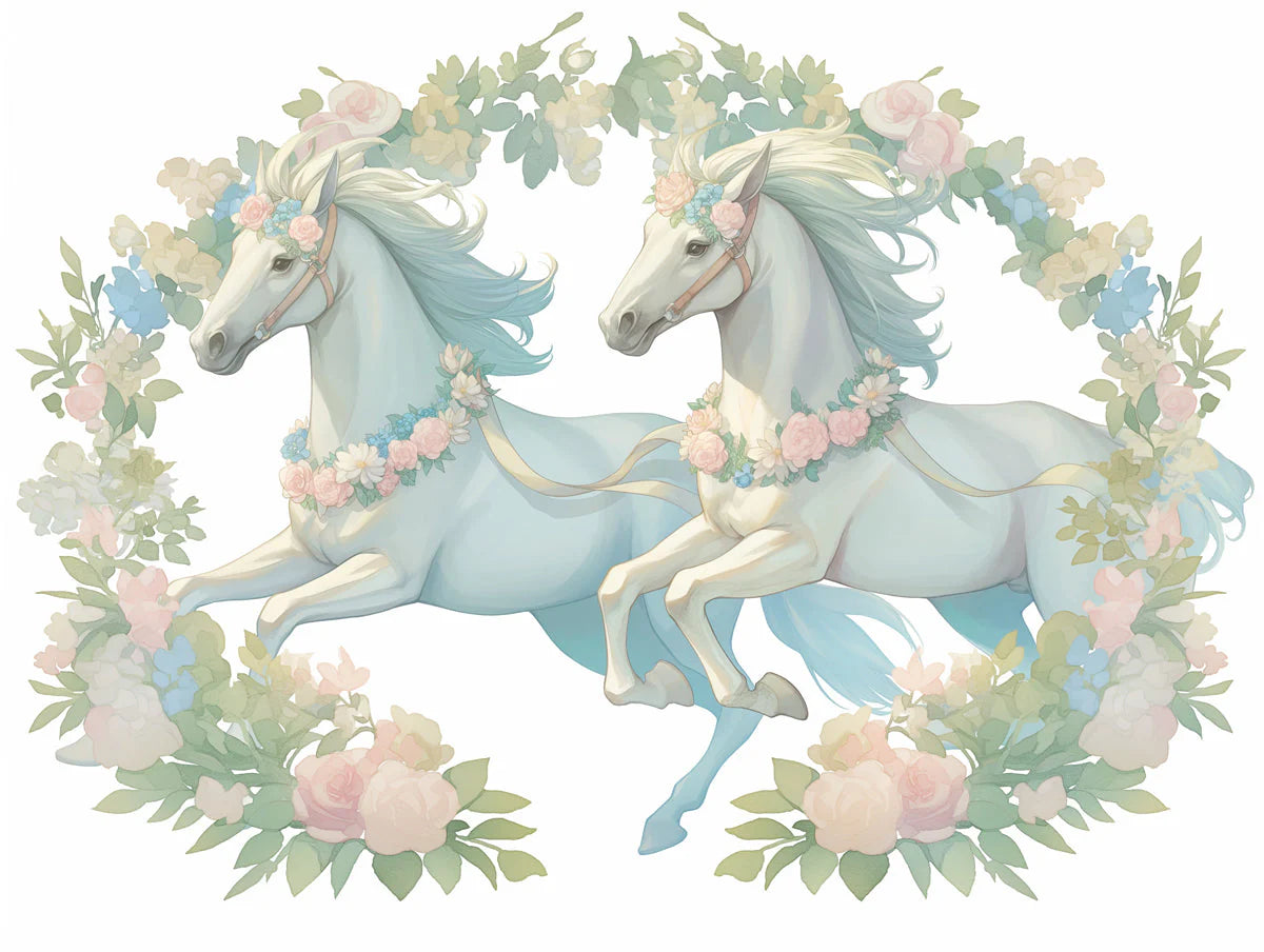 Twin Horses with Flowers Mural Wallpaper in Living Room Light Blue, Pink, Green, and White Horses Mural Wallpaper - room preview 02