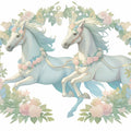 Twin Horses with Flowers Mural Wallpaper in Living Room Light Blue, Pink, Green, and White Horses Mural Wallpaper - room preview 02