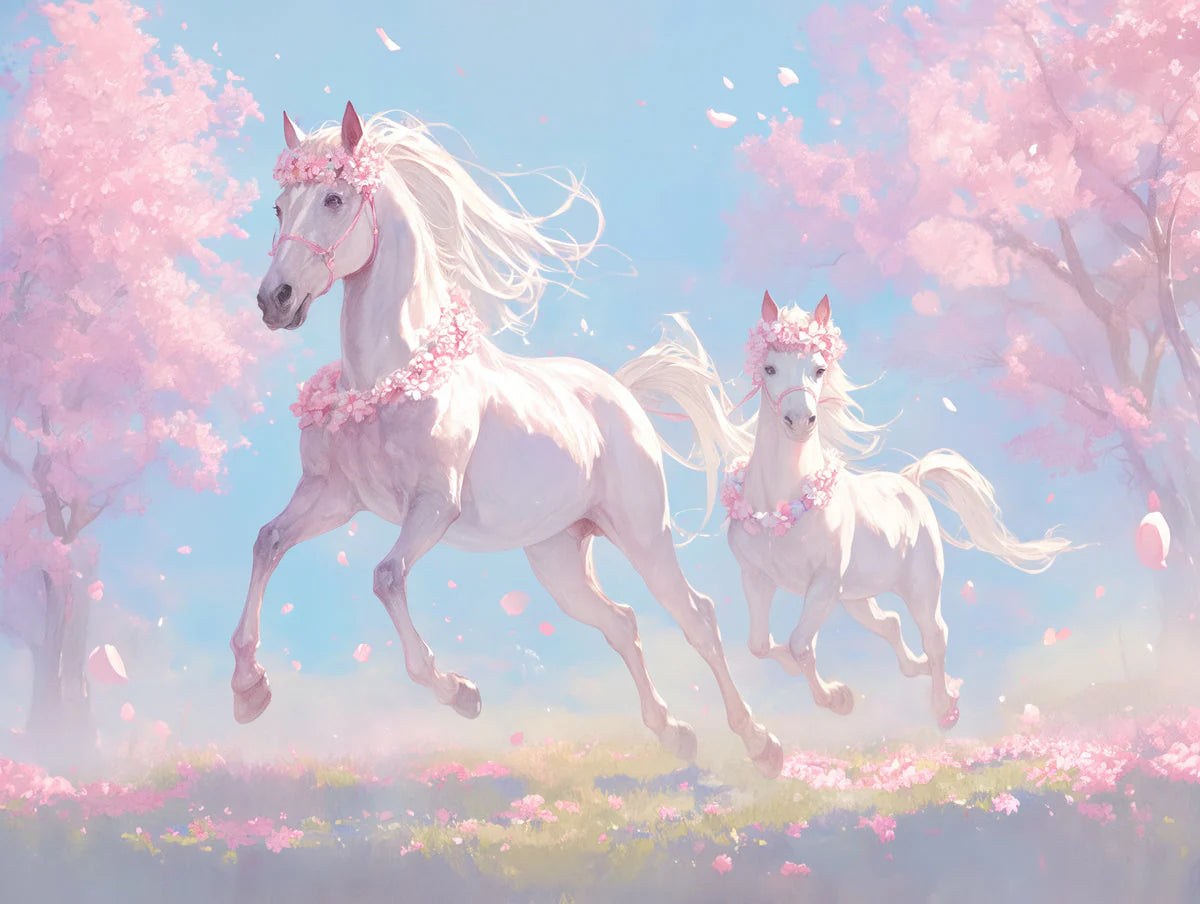 Twin Horses with Flowers Mural Wallpaper in Living Room Light Blue, Pink, Green, and White Horses -1 Mural Wallpaper - room preview 02