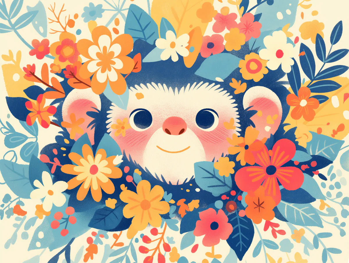 Monkey with Flowers Mural Wallpaper in Playroom Blue, Orange, Pink, and Various Bright Colo Monkey Mural Wallpaper - room preview 02
