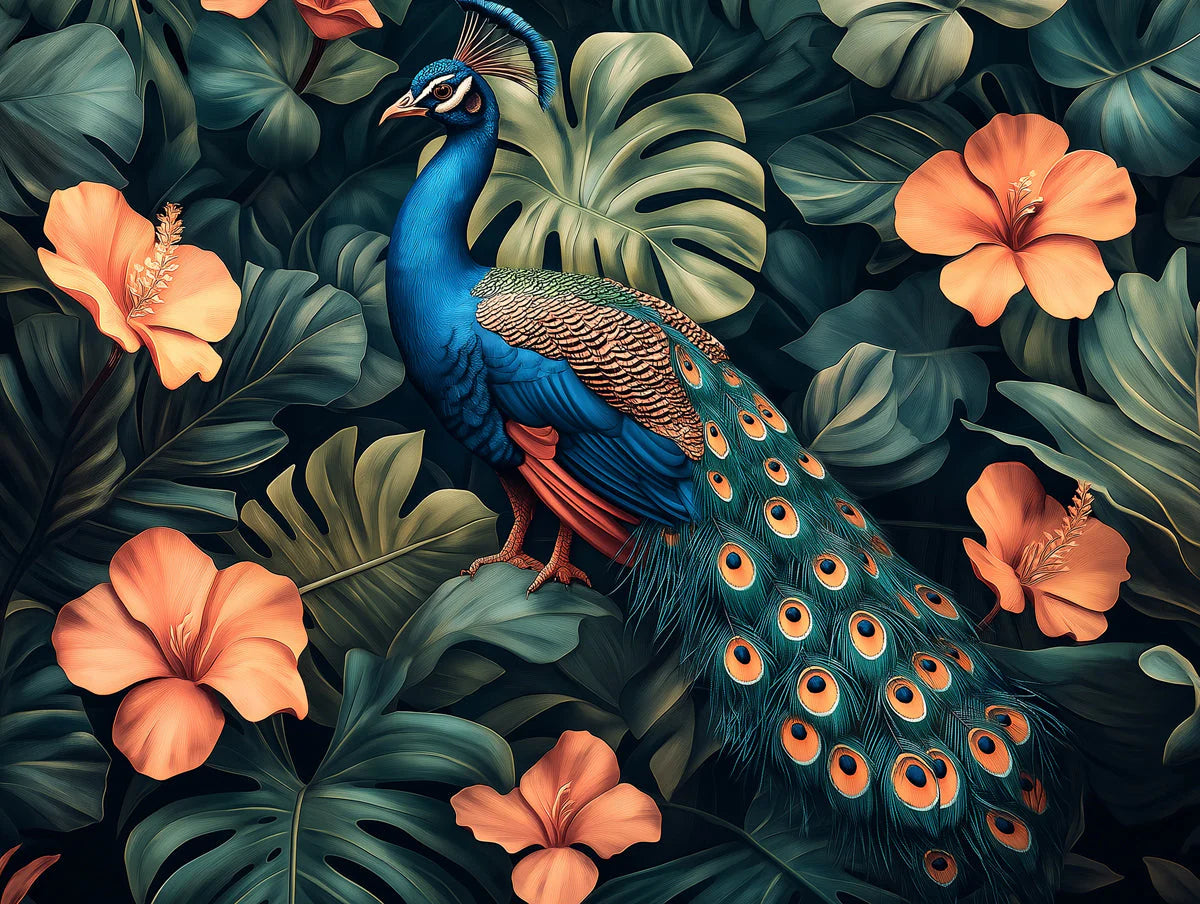 Peacock Mural Wallpaper in Living Room Blue, Green, Orange, and Various Colors of Peacock Mural Wallpaper - room preview 02