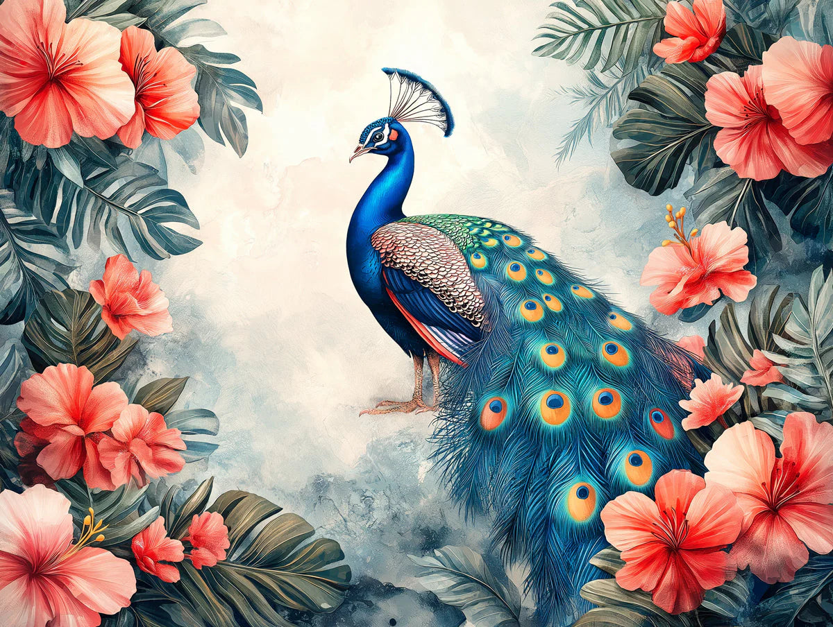 Peacock Mural Wallpaper in Living Room Blue, Green, Orange, and Various Colors of Peacock -1 Mural Wallpaper - room preview 02