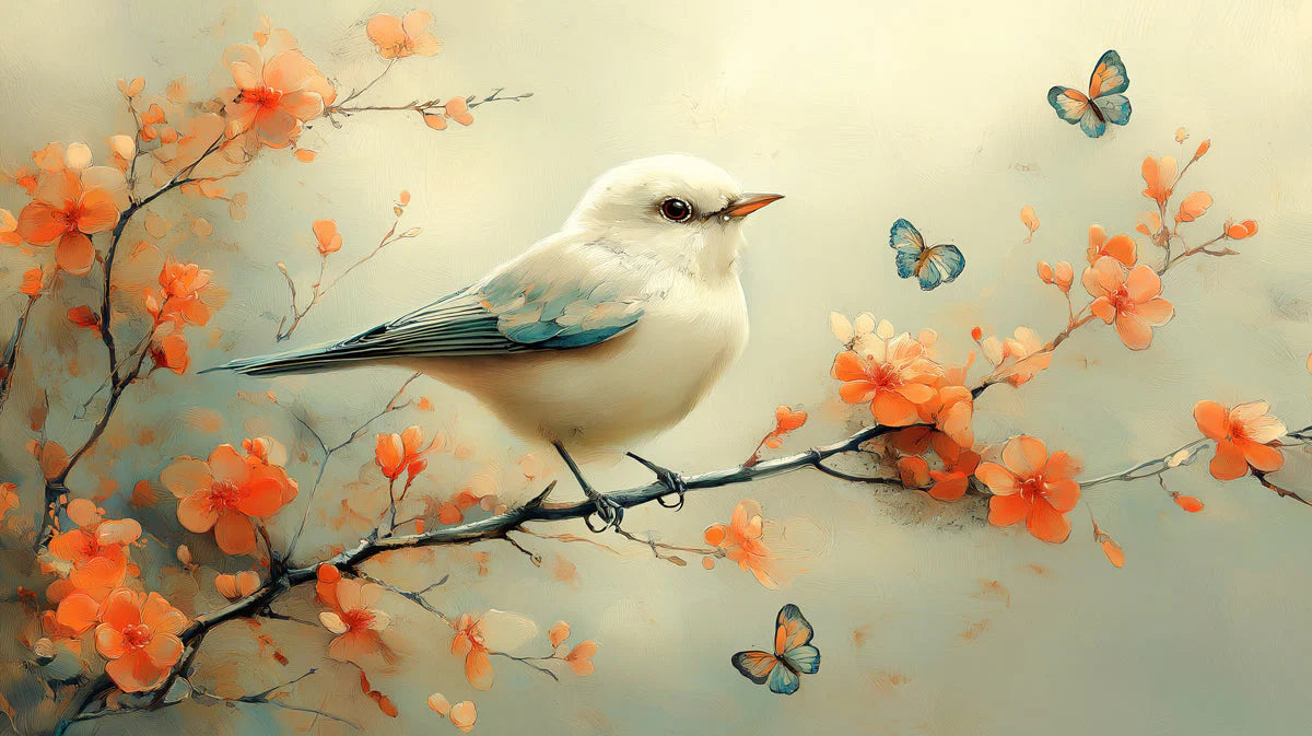 Bird and Flowers Mural Wallpaper in Living Room Beige, Orange, Blue, and Green Bird and Flowers Mural Wallpaper - room preview 02