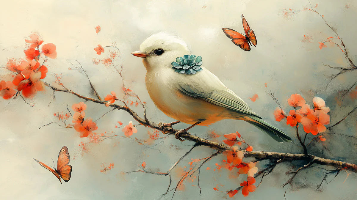 Bird and Flowers Mural Wallpaper in Living Room Beige, Orange, Blue, and Green Bird and Flowers -1 Mural Wallpaper - room preview 02
