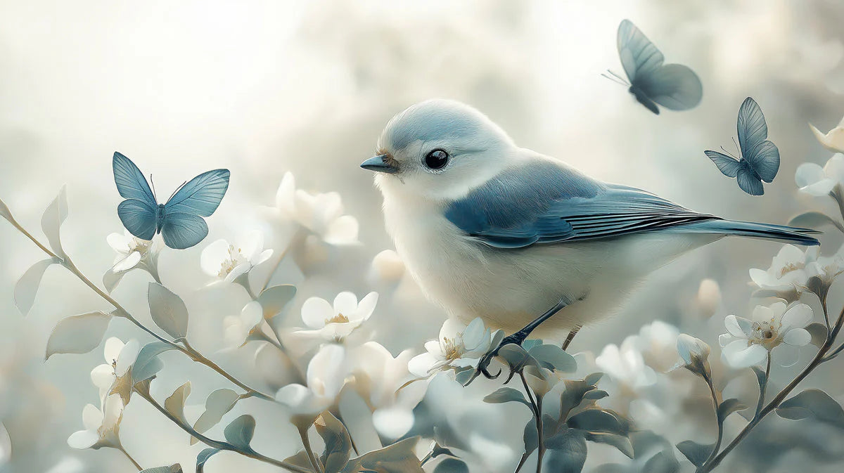 Dreamy Bird and Butterfly Wallpaper, Soft Blue Floral Mural for Nursery or Reading Nook Decor Mural Wallpaper - room preview 02