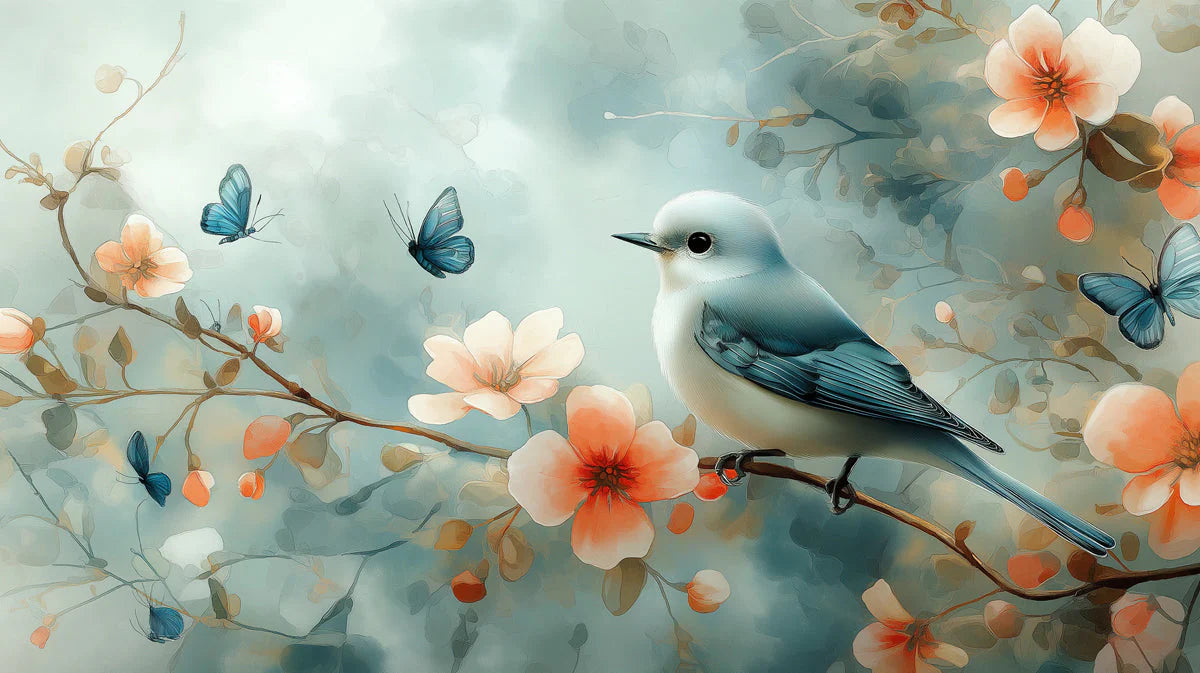 Bird and Flowers Mural Wallpaper in Living Room Beige, Orange, Blue, and Green Bird and Flowers -3 Mural Wallpaper - room preview 02
